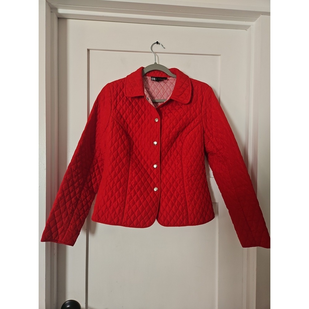 RL Richard New York Red Quilted Jacket Womens 10P Petite Snap Button Striped